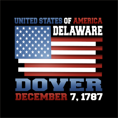 US flag with inscription United States of America, Delaware, Dover, December 7, 1787 on black background.