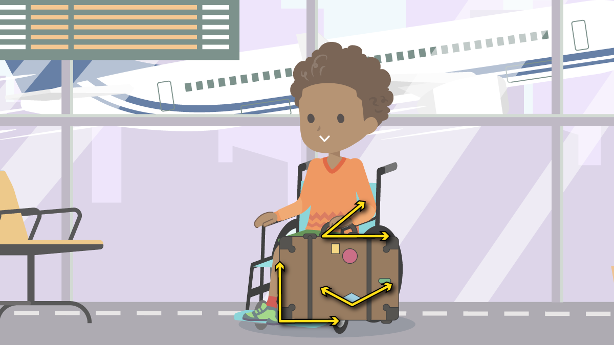 Caleb at the airport with his suitcase. The suitcase shows the different angles.