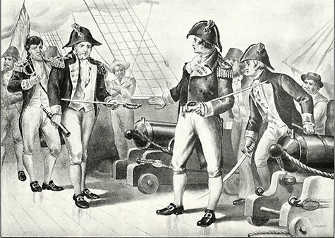 men with sabres and canons aboard a ship