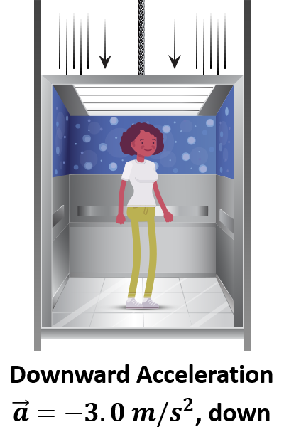 This situation is the opposite of the acceleration up. The normal force would have to be less than the force of gravity to have a negative acceleration. The apparent weight is less than the actual weight.<br><br>F<sub>normal</sub> < F<sub>weight</sub><br><br>The elevator could be speeding up going down or slowing down going up.