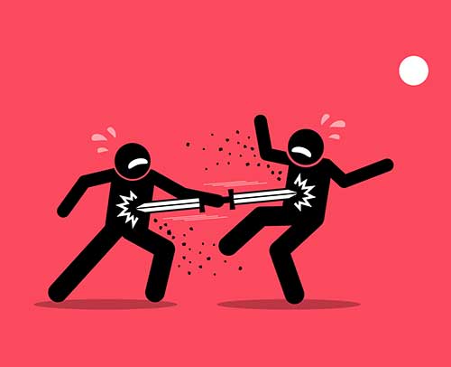 A stick figure man stab his enemy with a double ended sword but also stabbing himself during the attack.