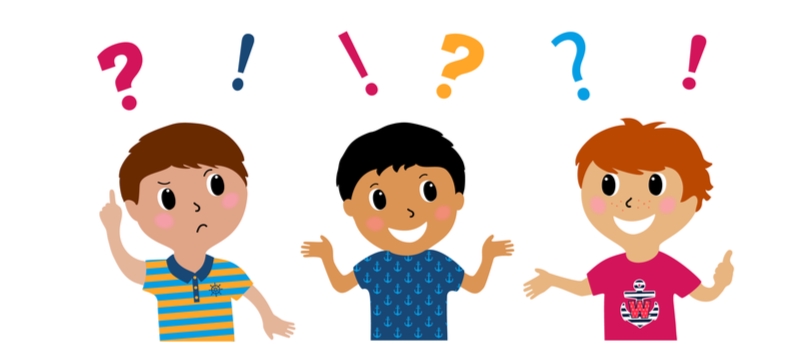 Three boys under question marks and exclamation marks.