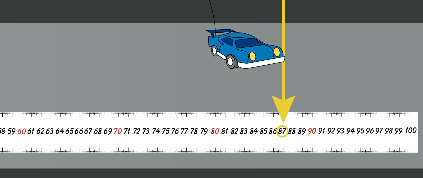 red remote control car on sidewalk with a meter stick laid down and 63 centimeters labeled