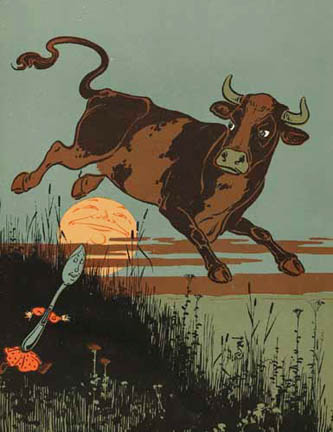 Hyperbole: "The cow jumped over the moon." Illustration by William Wallace Denslow