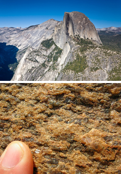 Bottom: Granite made up of quartz, mica and feldspar. Top: Half dome granite formation at Yosemite national park.