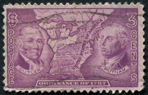 United States of America-Circa 1937: a stamp issued commemorating the 150th anniversary since Congress passed the Ordinance of 1787.