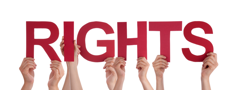 Many Caucasian People And Hands Holding Red Straight Letters Or Characters Building The Isolated English Word Rights On White Background