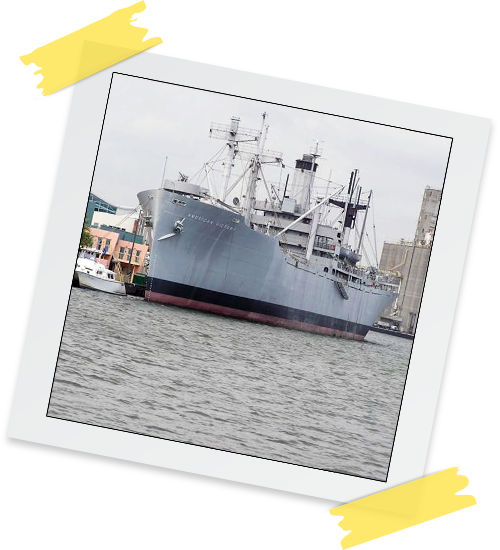 S.S. American Victory photograph with tape holding it up.