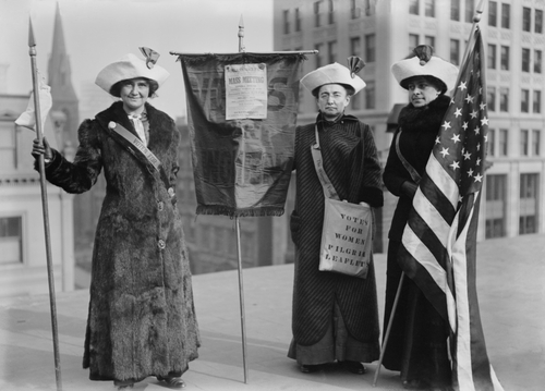 Three suffragettes demonstrate in New York City to promote Suffrage Hike of 1912