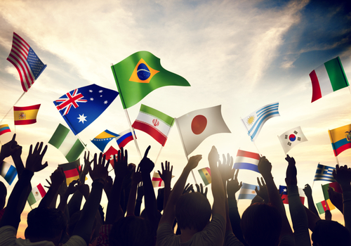 Group of People Waving Flags in World Cup Theme