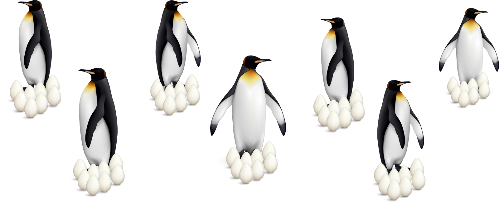 seven penguins with 8 eggs each