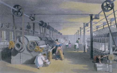 Machines making cotton thread by performing mechanical versions of carding drawing and roving in a mill in Lancashire England ca 1835.