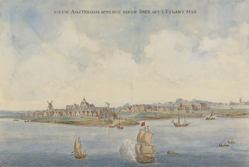 New Amsterdam, by Anonymous Artist, c. 1660, Dutch painting, watercolor on paper. View of coastline of an Manhattan Island from the sea. Three sailing ships fly Dutch flags. On the island are buildin