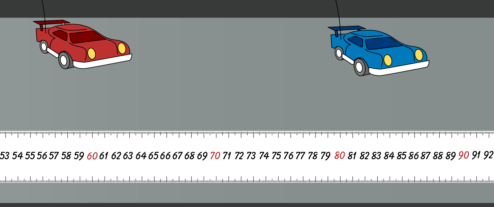 remote control cars on sidewalk with a ruler and meter stick laid down