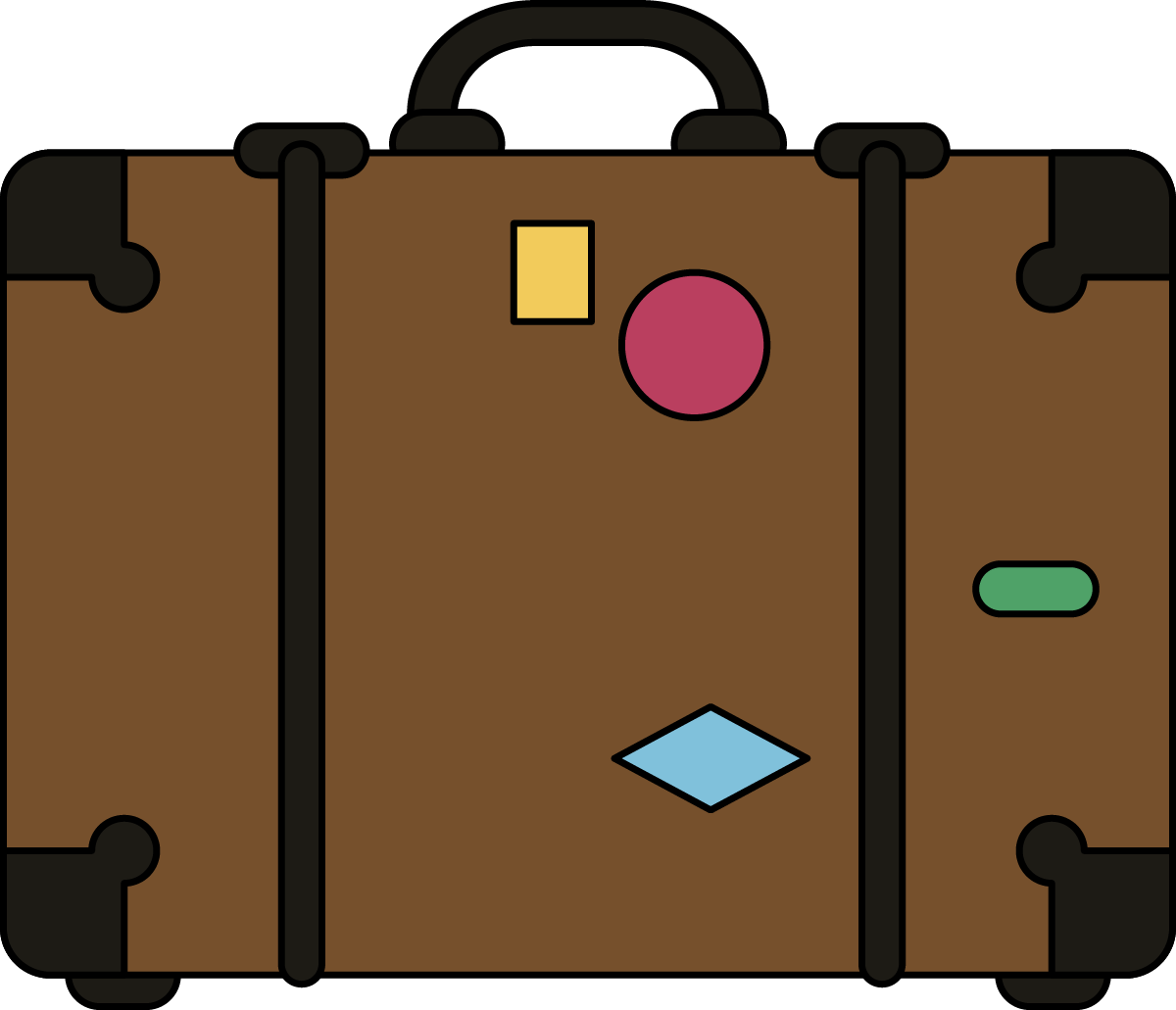 A brown suitcase with stickers on it.