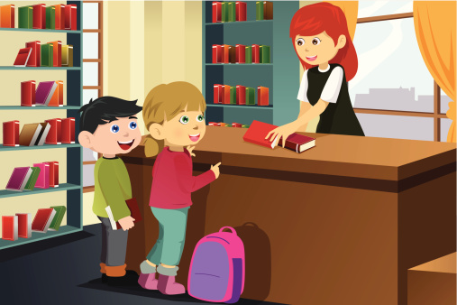 kids getting a book from the library