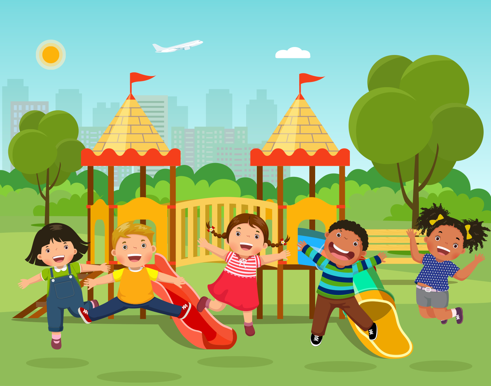 Five children at a swing set.