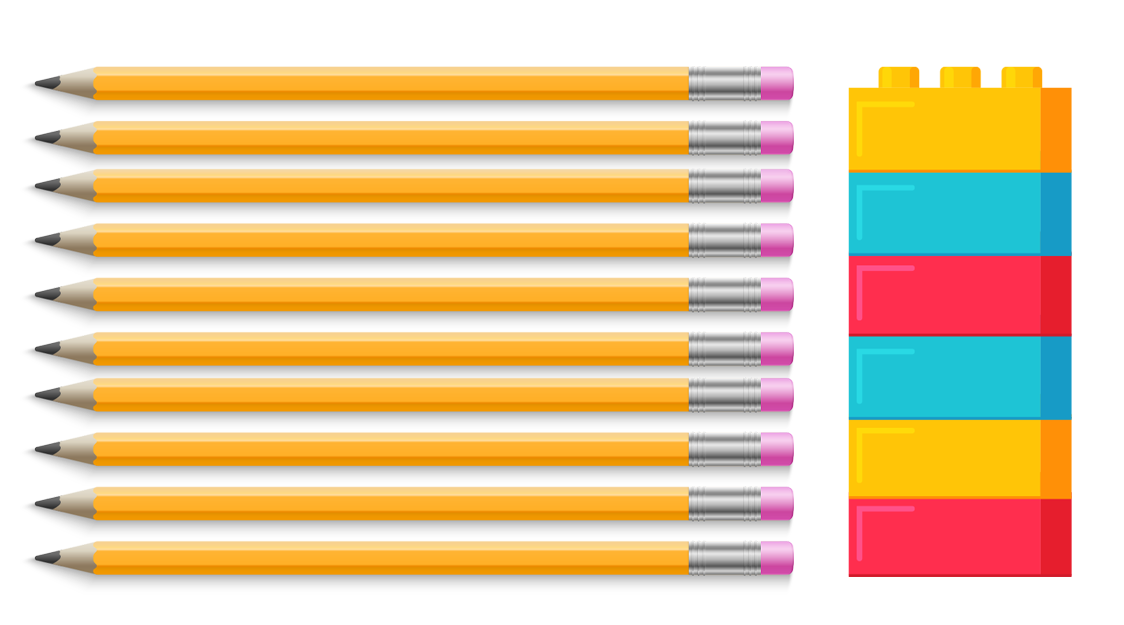 10 pencils next to 6 stacking bricks