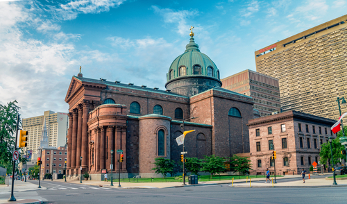 PHILADELPHIA, USA - AUGUST 2, 2016: Cathedral Basilica of Saints Peter and Paul is the largest Catholic church in Pennsylvania, and was listed on the U.S. National Register of Historic Places in 1971.