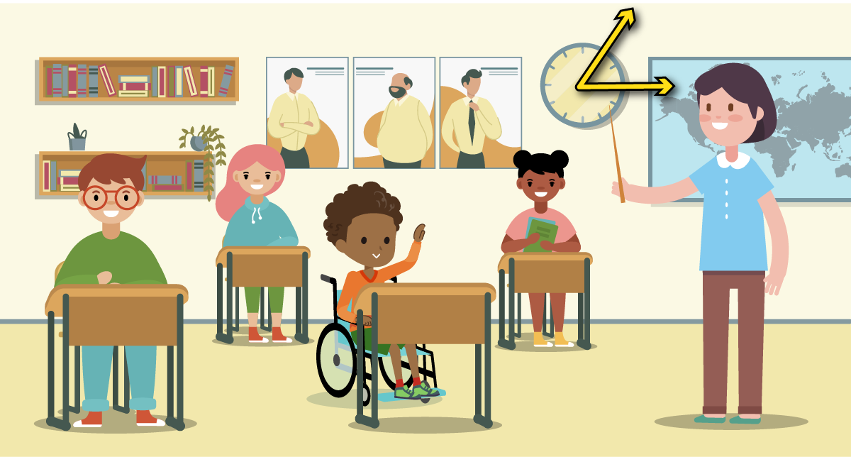 A classroom with Caleb and his friends. The teacher is teaching a class. There is an acute angle traced over between the hands of the clock.