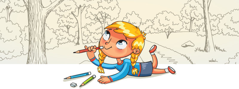 Girl with colored pencils thinking about what to draw.
