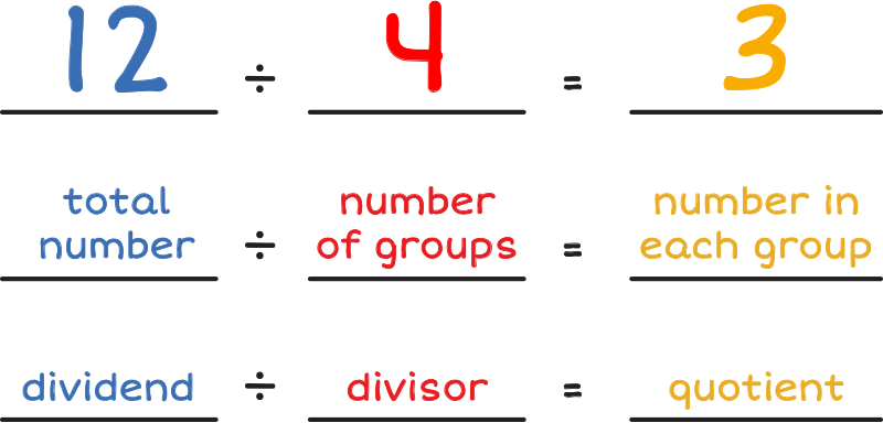 12 divided by 4 equals 3. Total number divided by number of groups equals number in each group. Dividend divided by divisor equals quotient