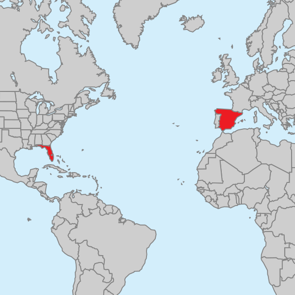 World map with Florida and Spain highlighted.