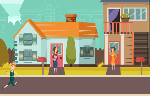 Rural street orthogonal background with cottages playing children and communicating neighbors