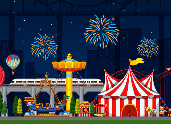 circus at night with fireworks