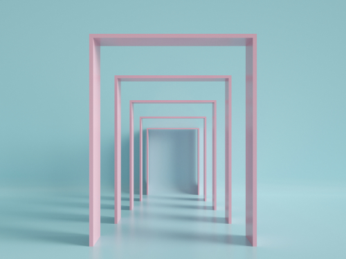 3d render, minimal fashion background, arch, tunnel, corridor, portal, perspective, pink mint pastel colors