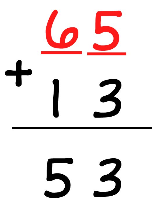 65, which is colored in red, + 13 = 53