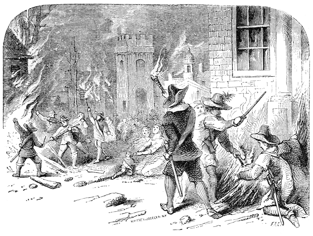 Engraving captioned "The Burning of Jamestown" showing the burning of Jamestown during Bacon's Rebellion (1676). From Illustrated School History of the United States and the Adjacent Parts of America: from the Earliest Discoveries to the Present Time (1857)