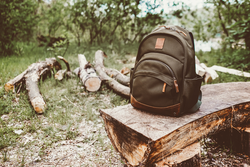 Travel backpack on the wooden bench in the forest. 