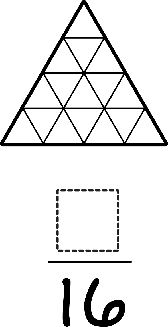 Triangle partitioned into 16 equal parts. Fraction: blank over 16.