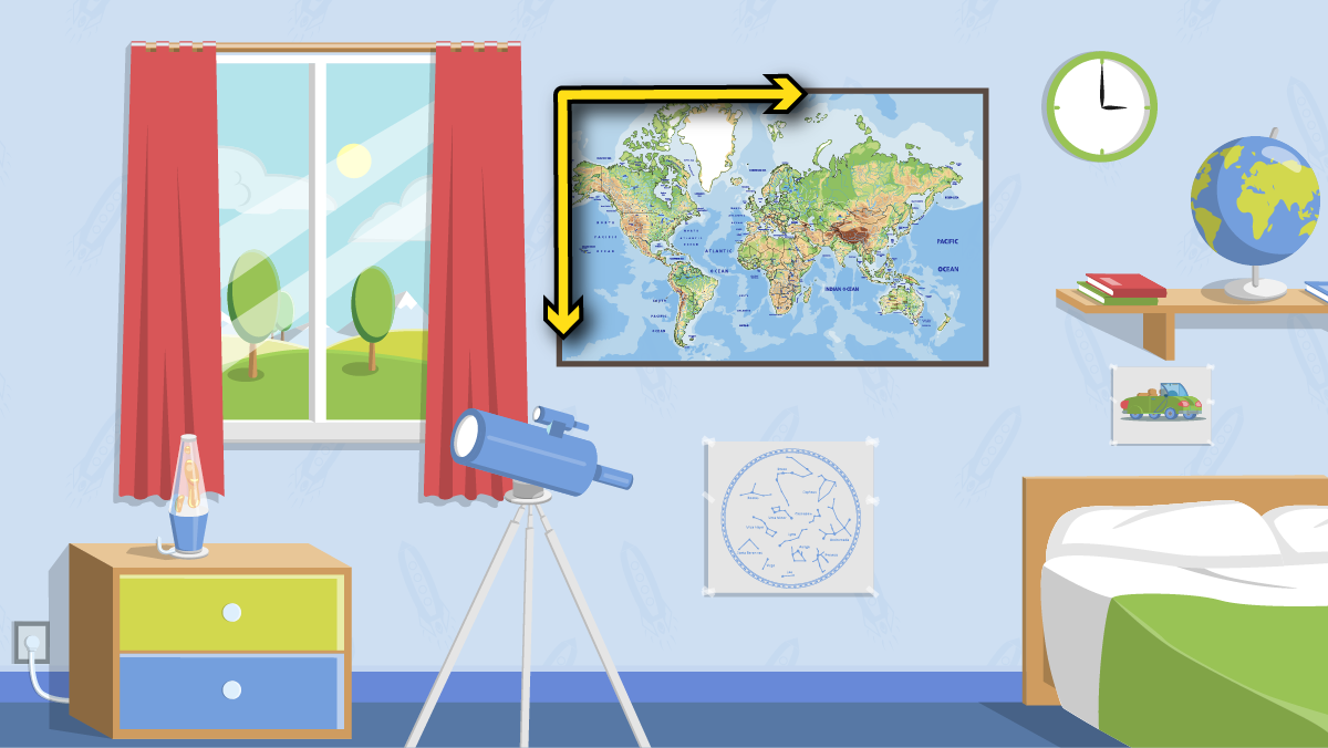 A bedroom with a large map poster on the wall. There is a right angle traced over the corner of the poster.
