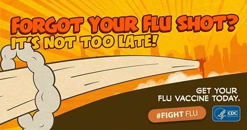 Comic book style ad for flu shots.