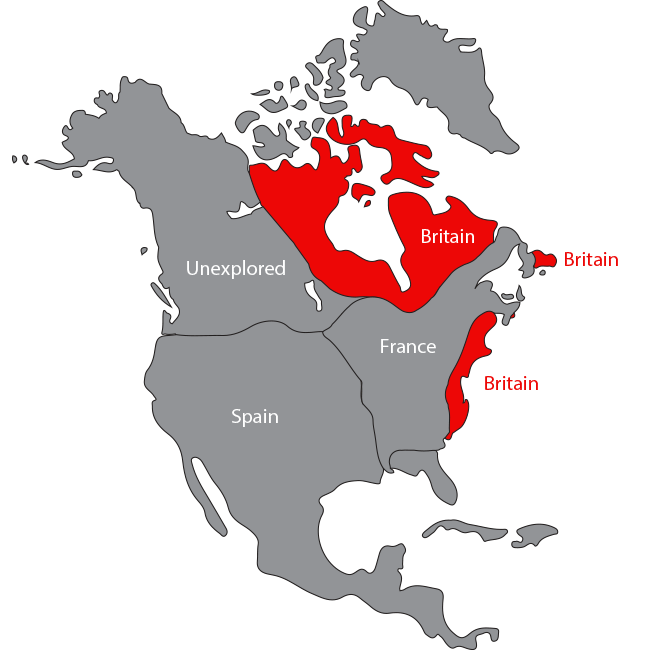 North America with English territories colored red.