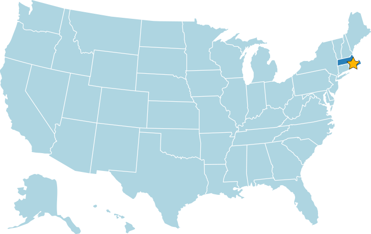 Map of the United States with Massachusetts highlighted. A star marks the location of Plymouth.