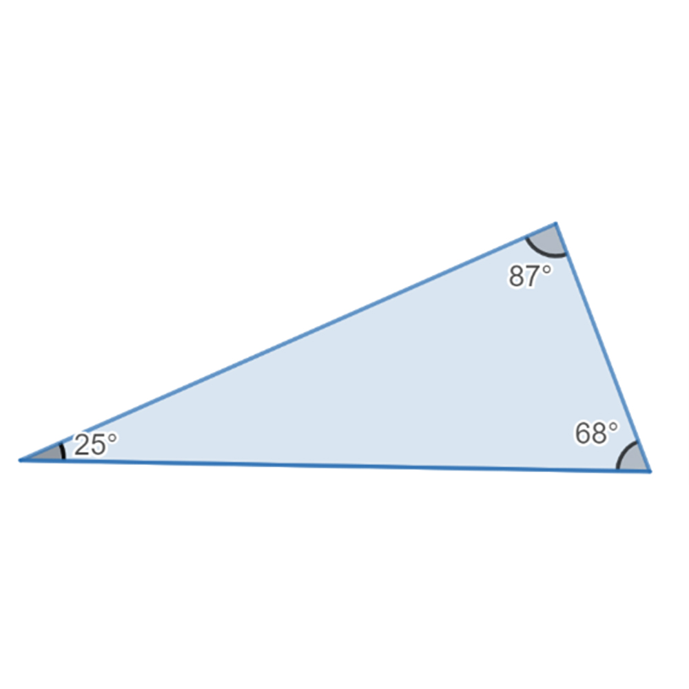 A scalene triangle labeled with the angles labelled 87 degrees, 25 degrees, and 68 degrees.