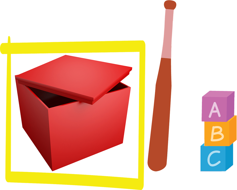 toy box, baseball bat, and a stack of three toy blocks with a circle going around the toy box
