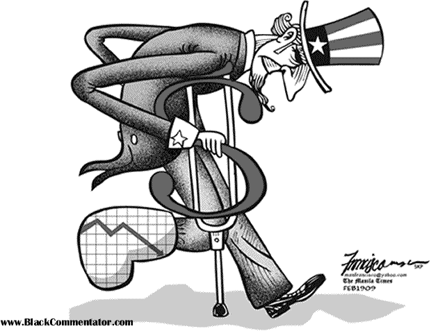 Uncle Sam limping with a crutch made out of money and a cast with a declining stockmarket on it.