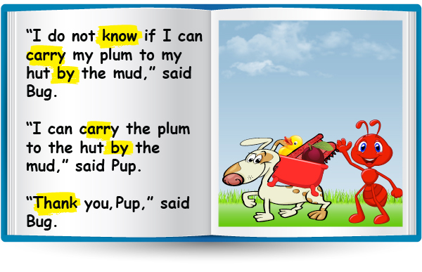 "I do not know if I can carry my plum to my hut by the mud," said Bug. "I can carry the plum to the hut by the mud," said Pup. "Thank you Pup," said Bug.