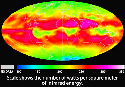 Earth;s longwave (infrared) radiation from clouds, atmosphere, and ground, from NASA's Earth Radiation Budget Experiment (ERBE), data from April 1985