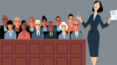 Female attorney address the jury at a trial