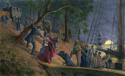 This engraving from William Still's 1872 book The Underground Railroad depicts fugitive slaves arriving in Philadelphia along the banks of the Schuylkill River in July 1856.