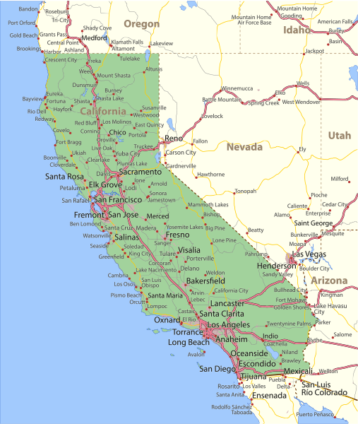 California map. Shows state borders, urban areas, place names, roads and highways.