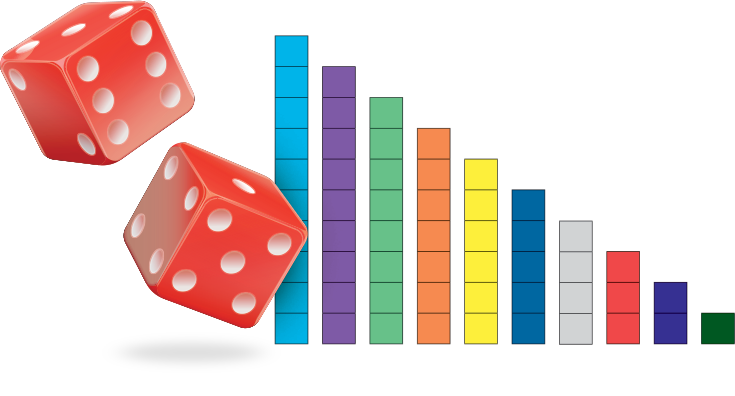 dice with blocks of varying color next to it