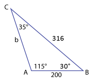 triangle with a 35° angle, 115° angle, 30° angle, 316 and 200 side.
