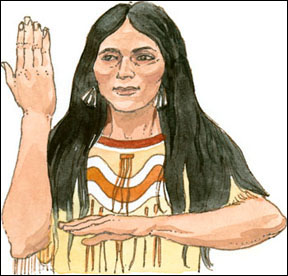 Illustration of Native North American woman using hand and arm sign language for beauty