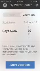 Water heater app—vacation mode